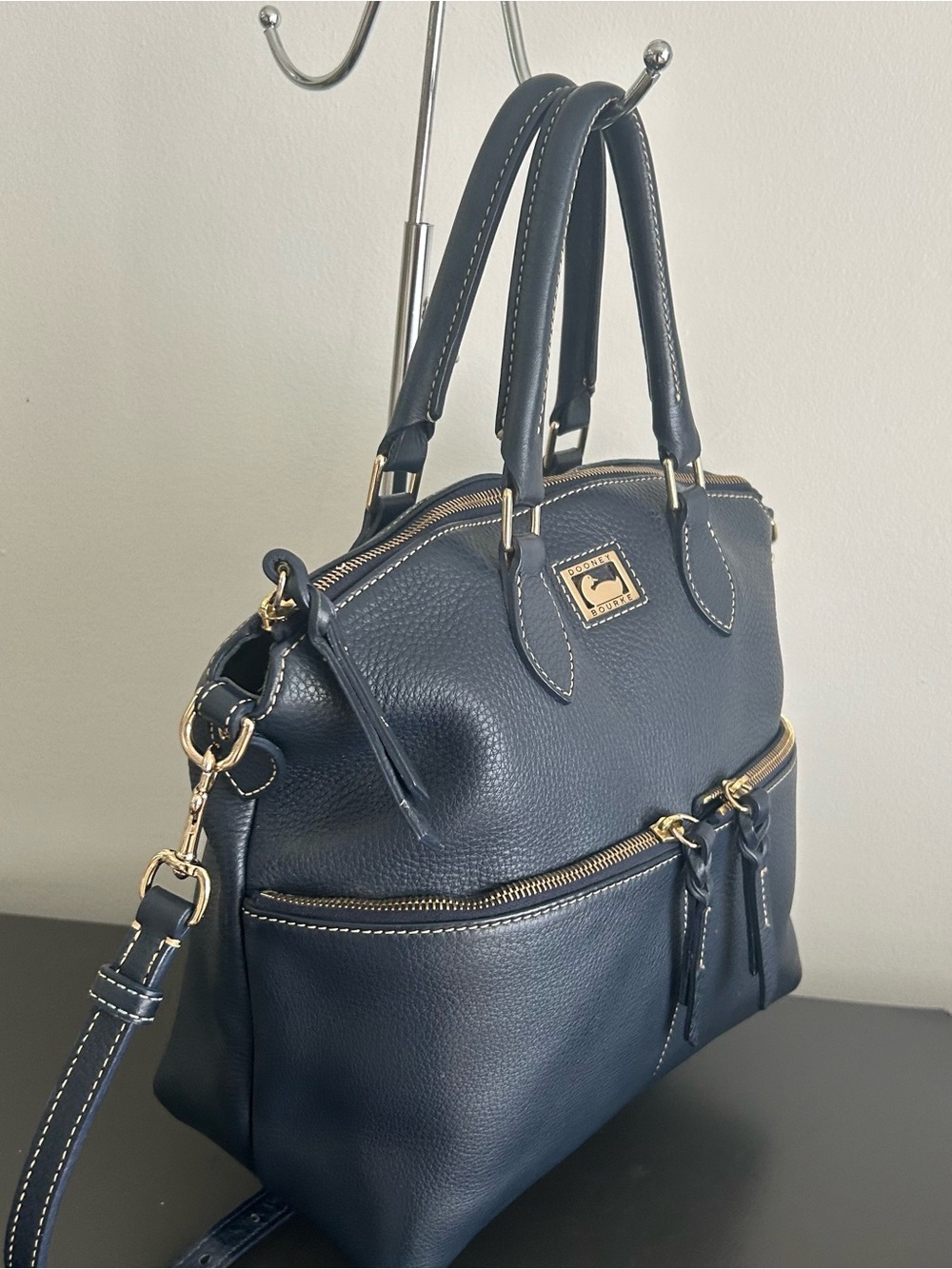 Dooney & Bourke Navy Pebble Leather Satchel Crossbody Bag Gold Hardware - Picture 5 of 14